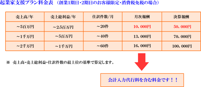 起業家支援プラン料金表